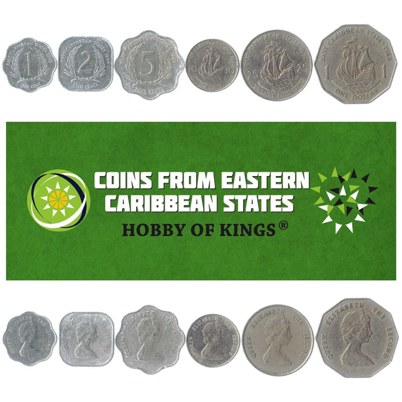 Set 6 Coins Eastern Caribbean 1 2 5 10 25 Cents 1 Dollar 1981 - 2001