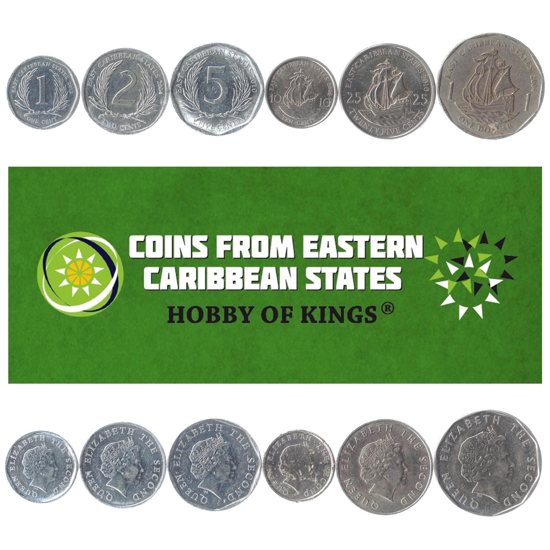 Set 6 Coins Eastern Caribbean 1 2 5 10 25 Cents 1 Dollar 2002 - 2019