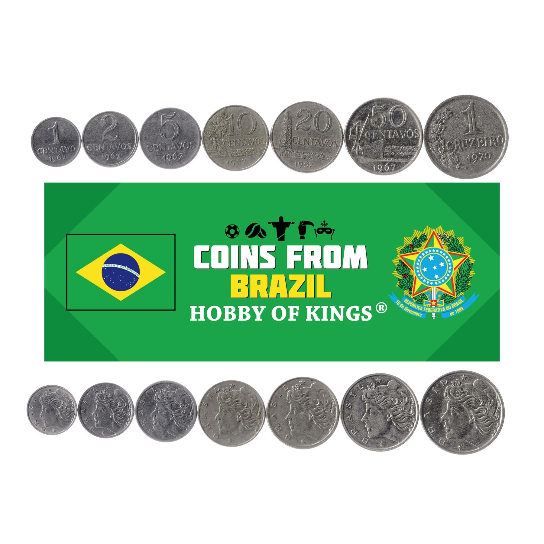 Set 7 Coins Brazil 1 2 5 10 20 50 Centavos 1 Cruzeiros Brazilian Currency 1967 - 1970