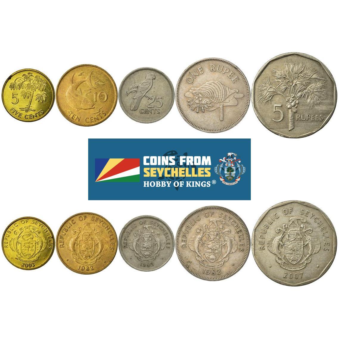 Seychelles | 5 Coin Set | 5 10 25 Cents 1 Rupee 5 Rupees | 1982 - 2010