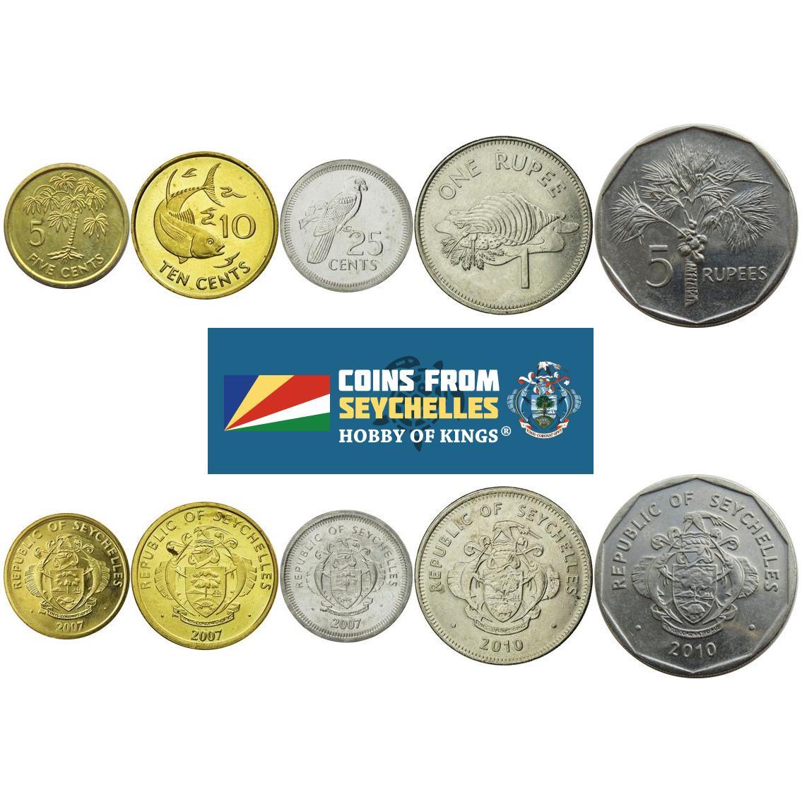 Seychelles | 5 Coin Set | 5 10 25 Cents 1 Rupee 5 Rupees | 1993 - 2012