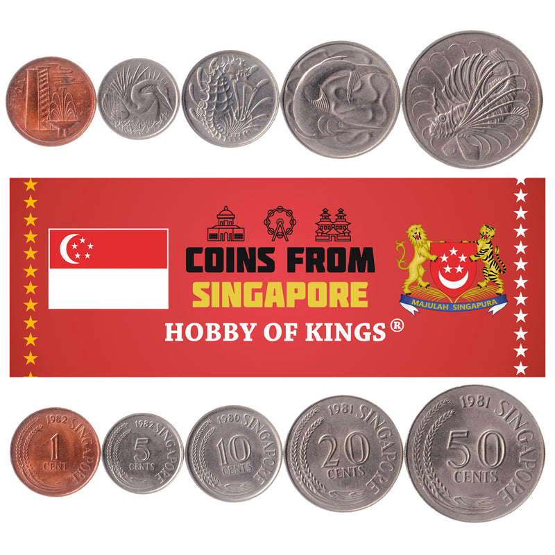 Singapore | 5 Coin Set | 1 Cent 5 10 20 50 Cents | Fountain | Snake Bird | Crowned Seahorse | Swordfish | Lionfish | 1976 - 1985