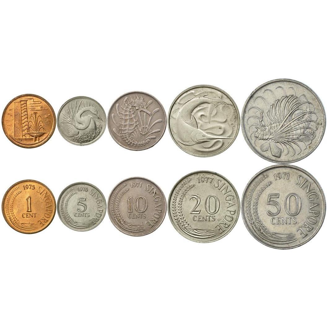 Singapore | 5 Coin Set | 1 Cent 5 10 20 50 Cents | Public housing | Snake Bird | Seahorse | Swordfish | Lionfish | 1967 - 1985