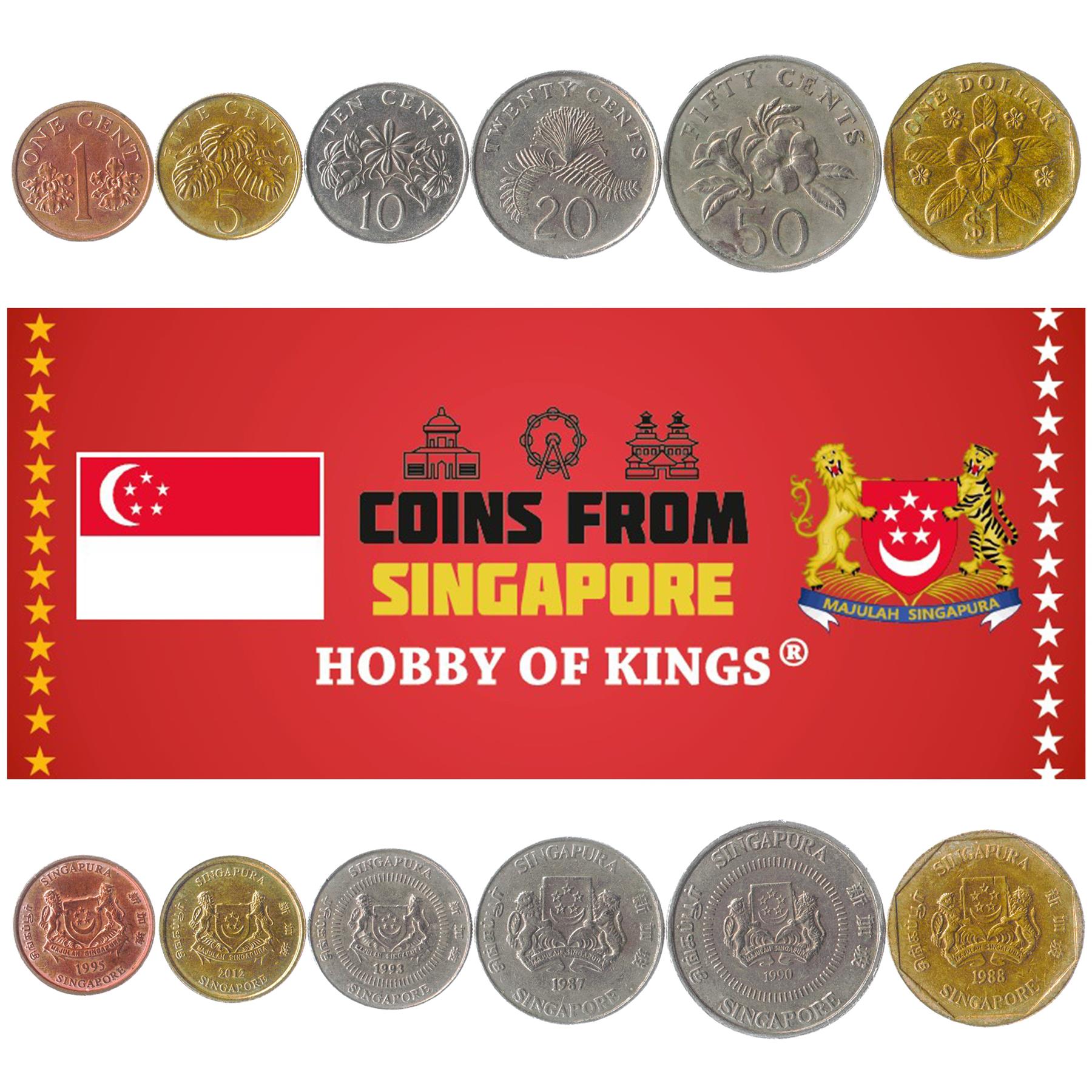 Singapore | 6 Coin Set | 1 Cent 5 10 20 50 Cents 1 Dollar | Orchid | Fruit salad plant | Jasmine flowers | Puff plant frond | Yellow allamanda | Periwinkle blossom | 1992 - 2012