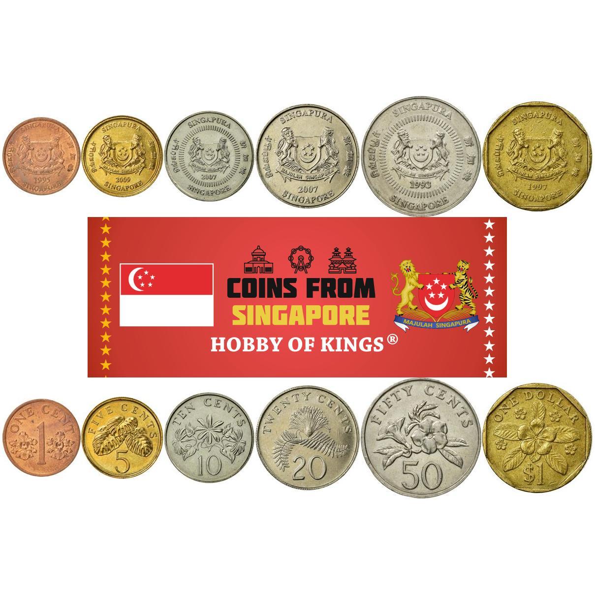 Singapore | 6 Coin Set | 1 Cent 5 10 20 50 Cents 1 Dollar | Orchid | Fruit salad plant | Jasmine flowers | Puff plant frond | Yellow allamanda | Periwinkle blossom | 1992 - 2012