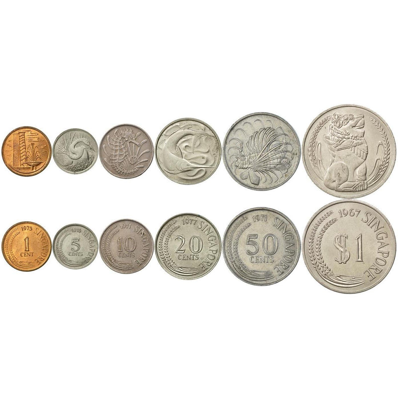 Singapore | 6 Coin Set | 1 Cent 5 10 20 50 Cents 1 Dollar | Public housing | Snake Bird | Seahorse | Swordfish | Lionfish | Singapore lion | 1967 - 1985