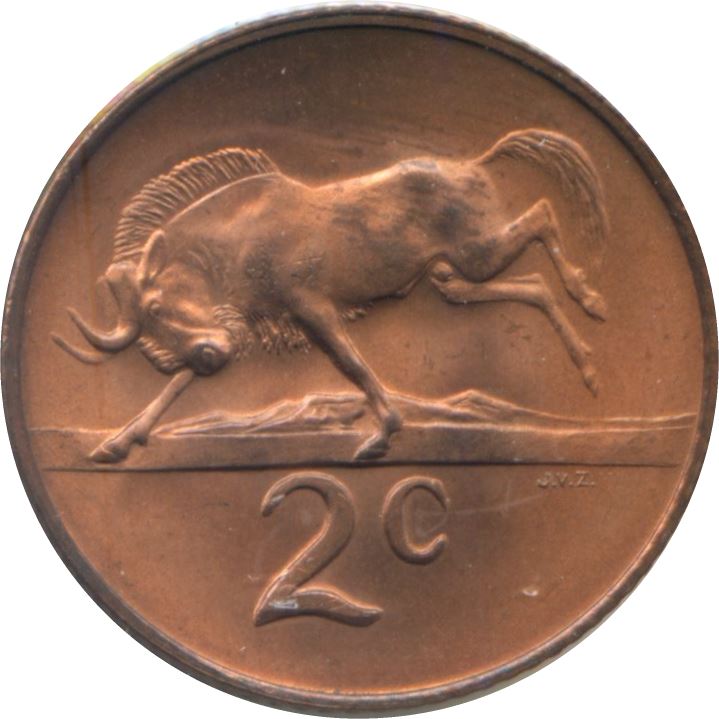 South Africa 2 Cents Coin | Afrikaans Legend - SUID-AFRIKA | KM75.2 | 1968