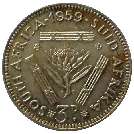 South Africa 3 Pence Coin | Elizabeth II 1st portrait | KM47 | 1953 - 1960