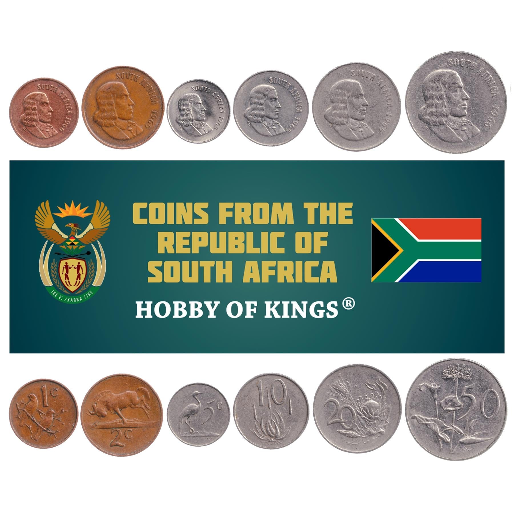 South African 6 Coin Set | 1 2 5 10 20 50 Cents | Blue Crane | 1965 - 1970