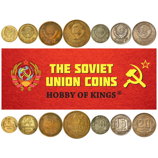 Soviet 7 Coin Set 1 2 3 5 10 15 20 Kopecks | Hammer And Sickle | Soviet Union (Russia) | 1937 - 1946
