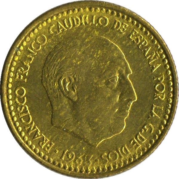 Spain 1 Peseta - Francisco Franco 1st portrait Coin KM775 1946 - 1963