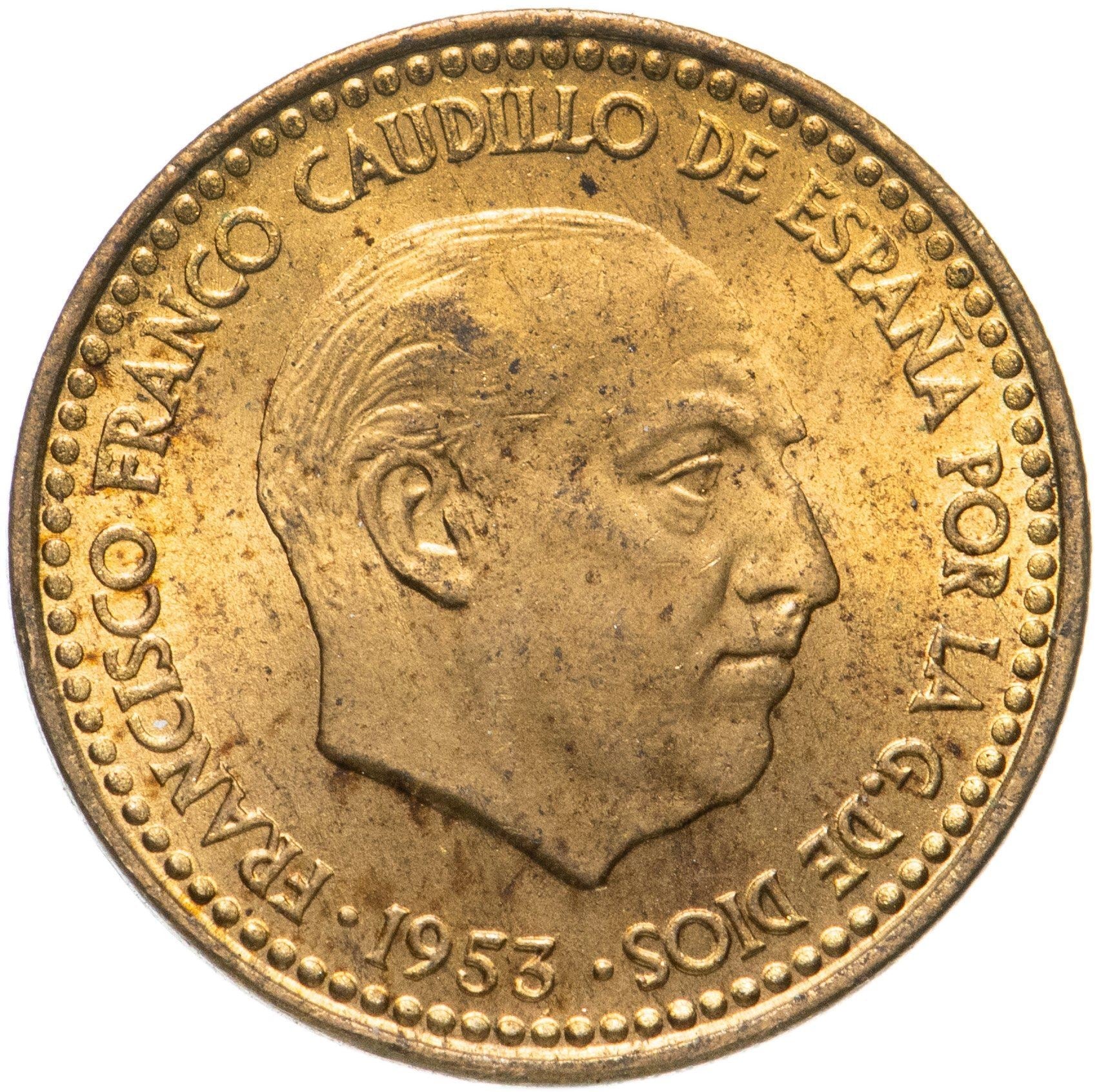 Spain 1 Peseta - Francisco Franco 1st portrait Coin KM775 1946 - 1963