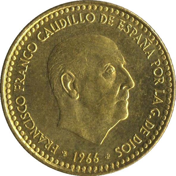 Spain 1 Peseta - Francisco Franco 2nd portrait Coin KM796 1966 Fair and exposition