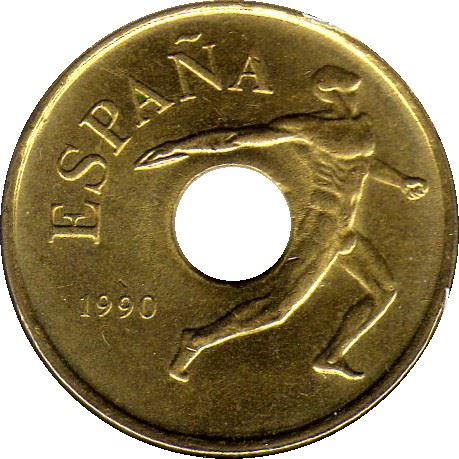 Spain 25 Pesetas discus throw Coin KM850 1990 - 1991 Cross