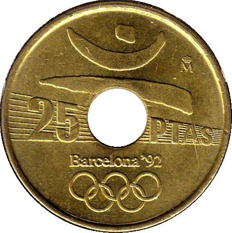 Spain 25 Pesetas discus throw Coin KM850 1990 - 1991 Cross