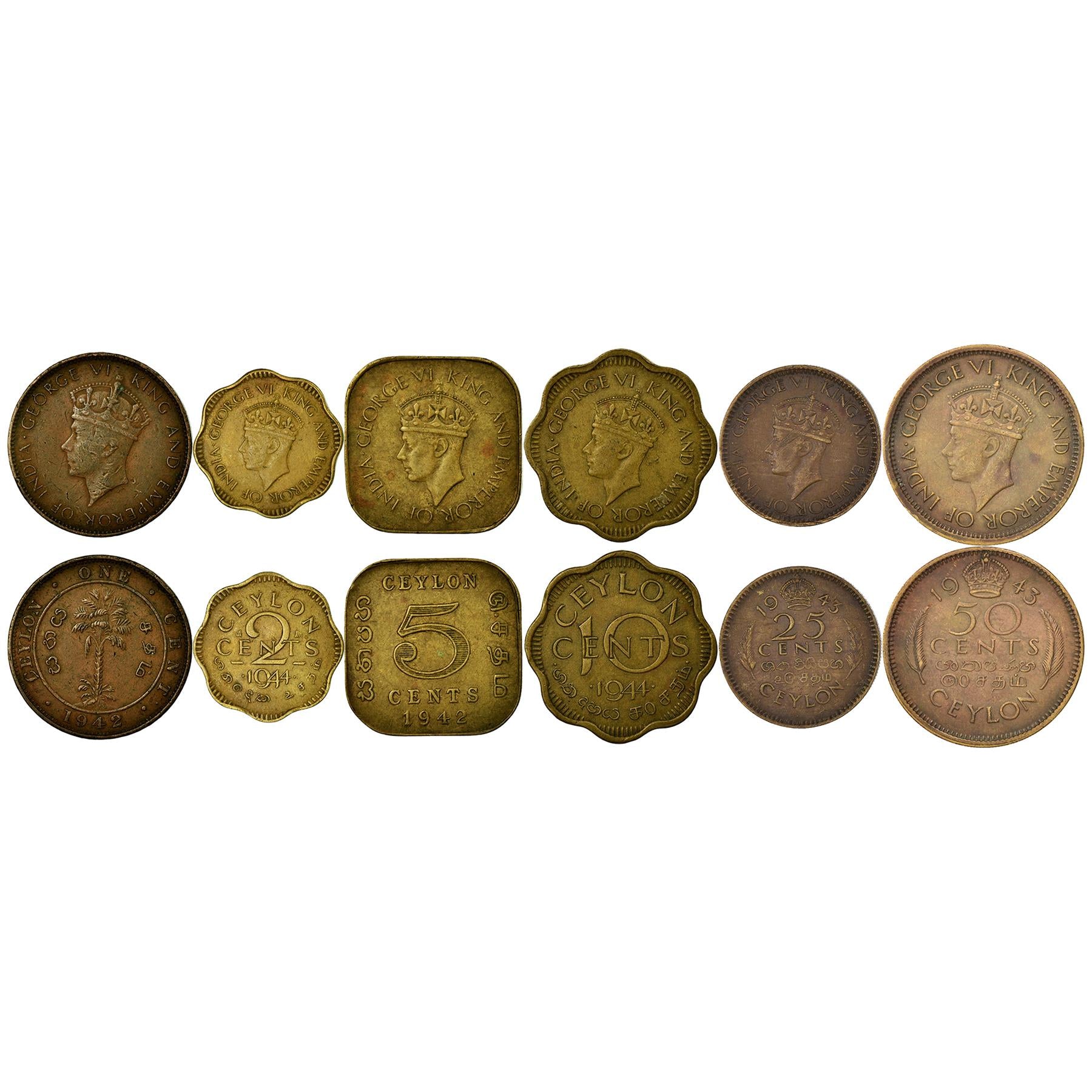 Sri Lankan 6 Coin Set 1 2 5 10 25 50 Cents | George VI | Palm Trees | Ceylon | 1937 - 1945