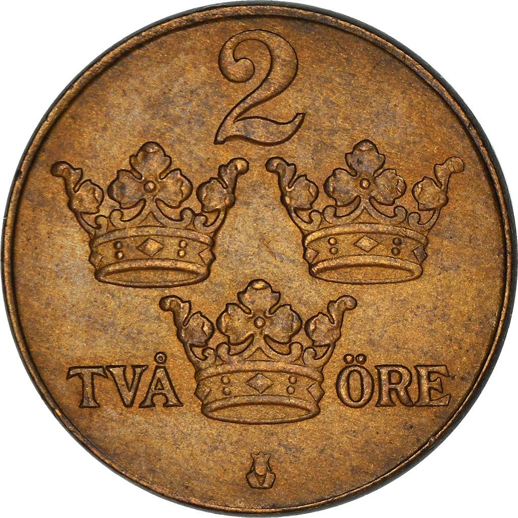 Swedish 2 Ore Coin | King Gustaf V | Sweden | 1909 - 1950