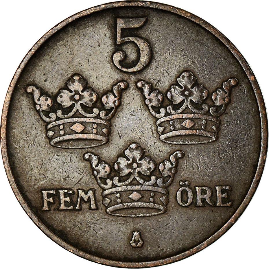 Swedish 5 Ore Coin | King Gustaf V | Sweden | 1910 - 1950