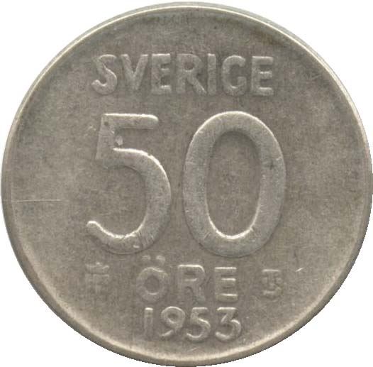 Swedish 50 Ore Coin | King Gustaf VI Adolf | Crown | Sweden | 1952 - 1961