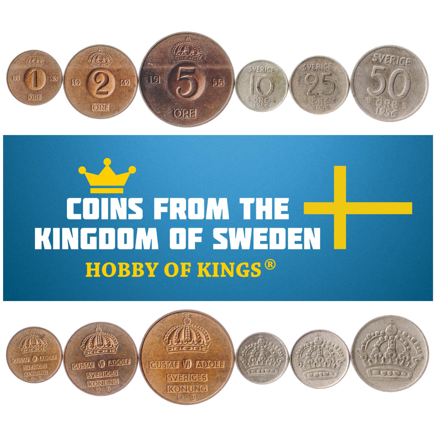 Swedish 6 Coin Set 1 2 5 10 25 50 Öre | Crown | Sweden | 1952 - 1971