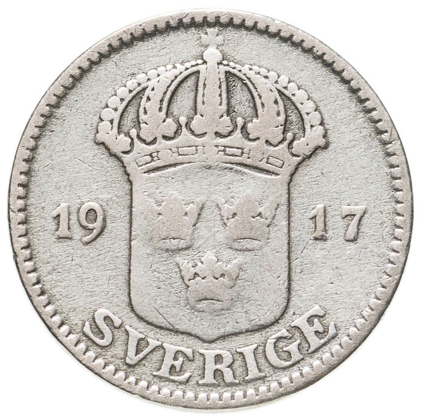 Swedish Coin 25 Öre | King Gustaf V | Shield | Sweden | 1910 - 1941