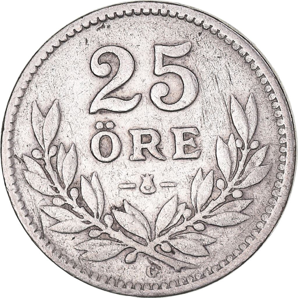 Swedish Coin 25 Öre | King Gustaf V | Shield | Sweden | 1910 - 1941