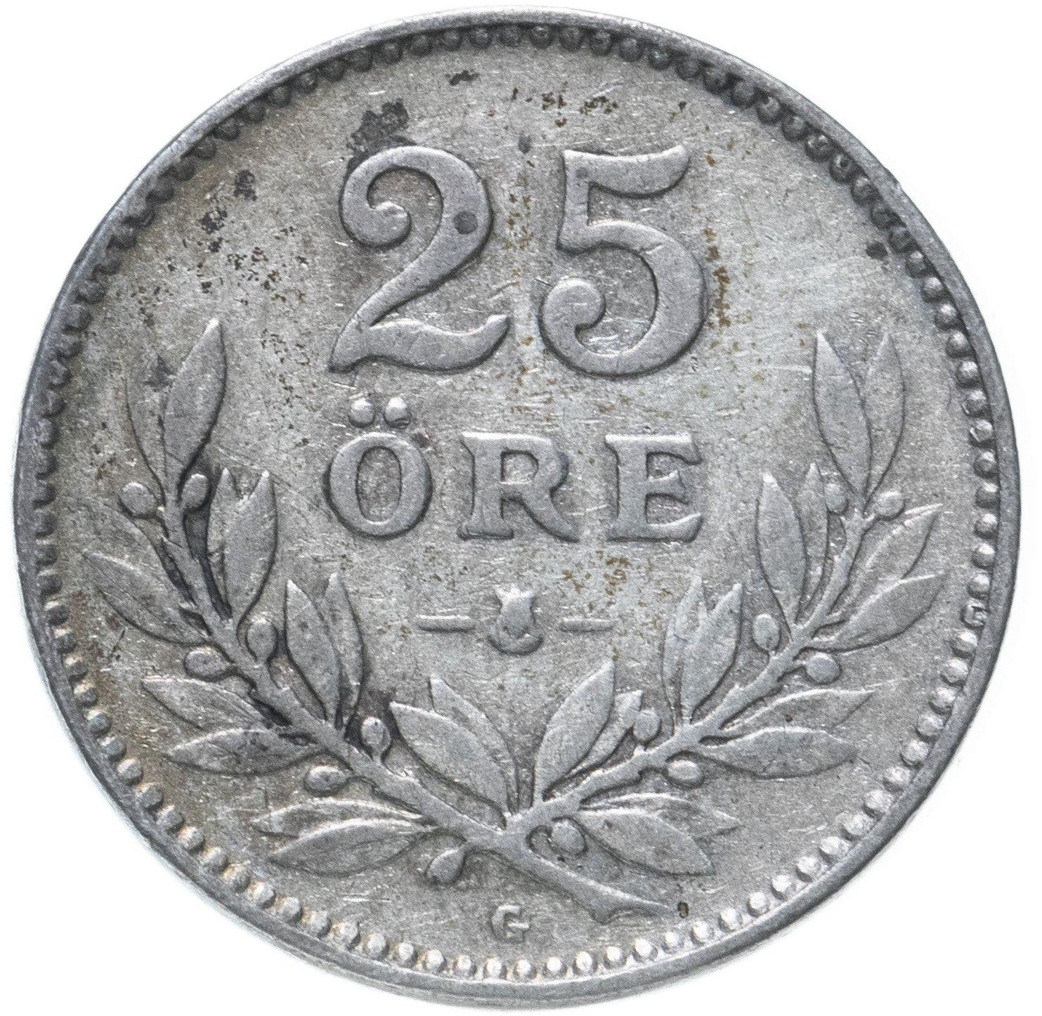 Swedish Coin 25 Öre | King Gustaf V | Shield | Sweden | 1910 - 1941