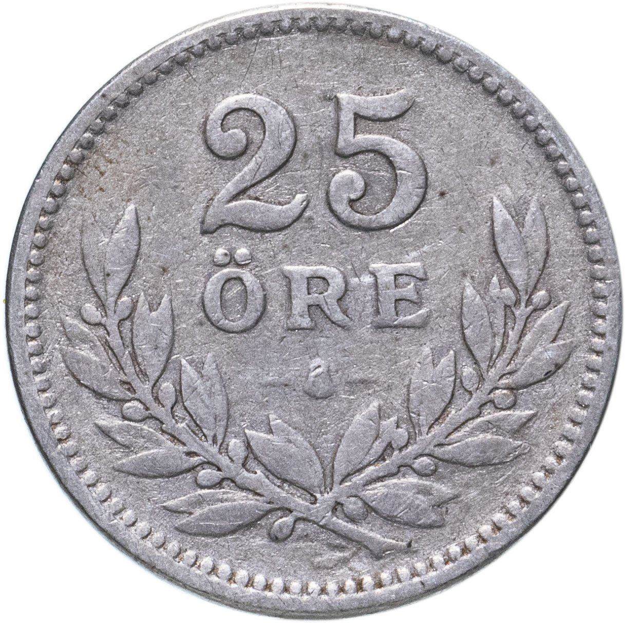 Swedish Coin 25 Öre | King Gustaf V | Shield | Sweden | 1910 - 1941