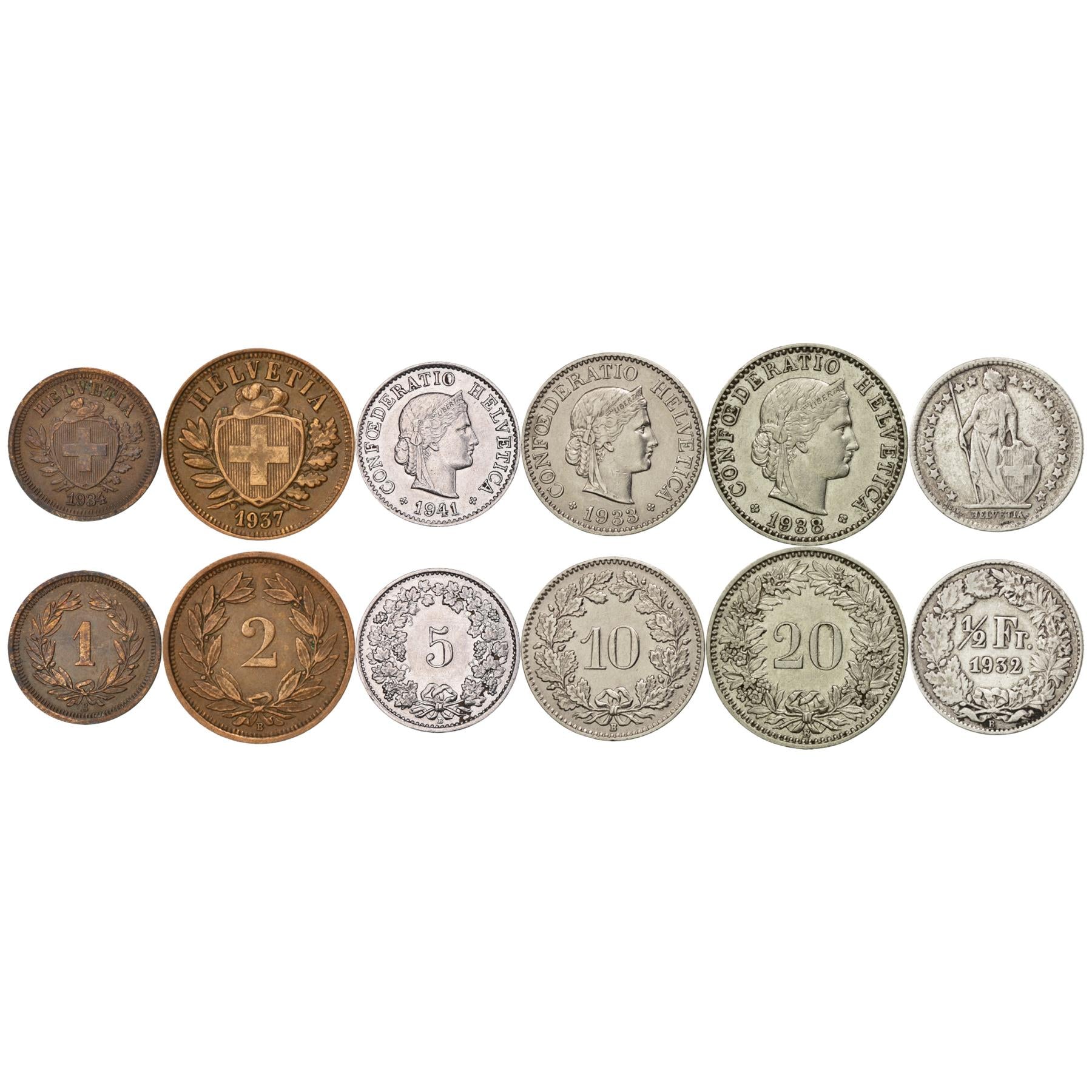 Swiss 6 Coin Set 1 2 5 10 20 Rappen 1/2 Franc | Libertas | Helvetia | Switzerland | 1931 - 1941