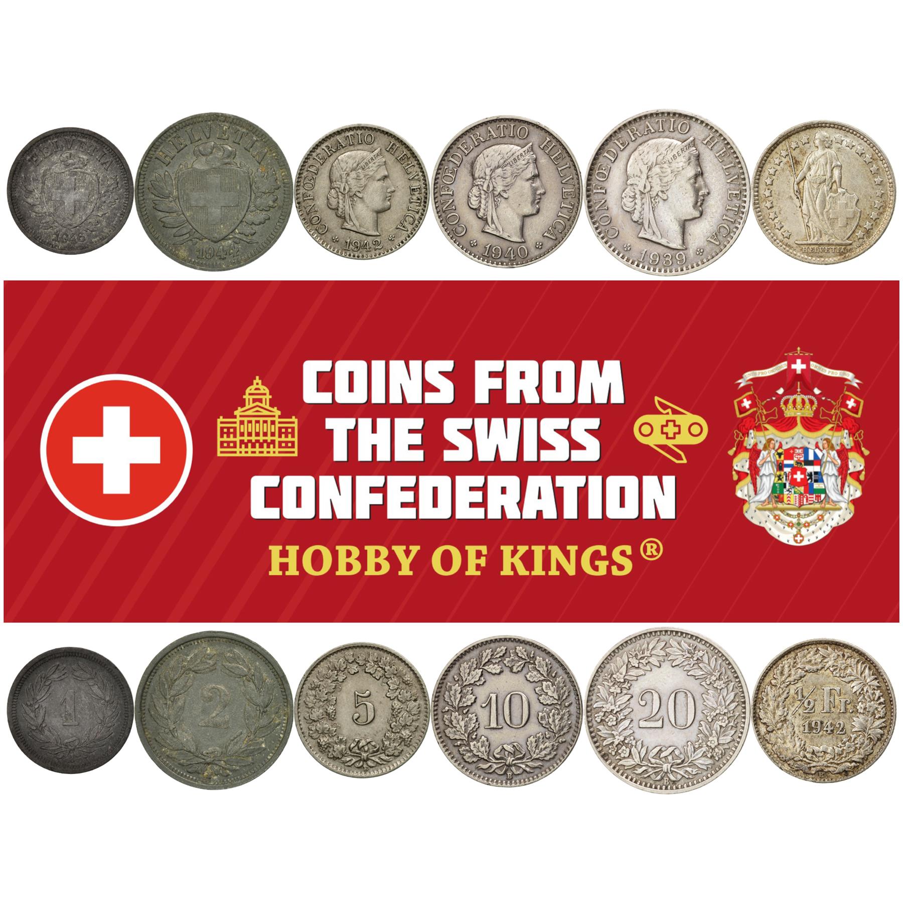 Swiss 6 Coin Set 1 2 5 10 20 Rappen 1/2 Franc | Libertas | Helvetia | Switzerland | 1939 - 1947