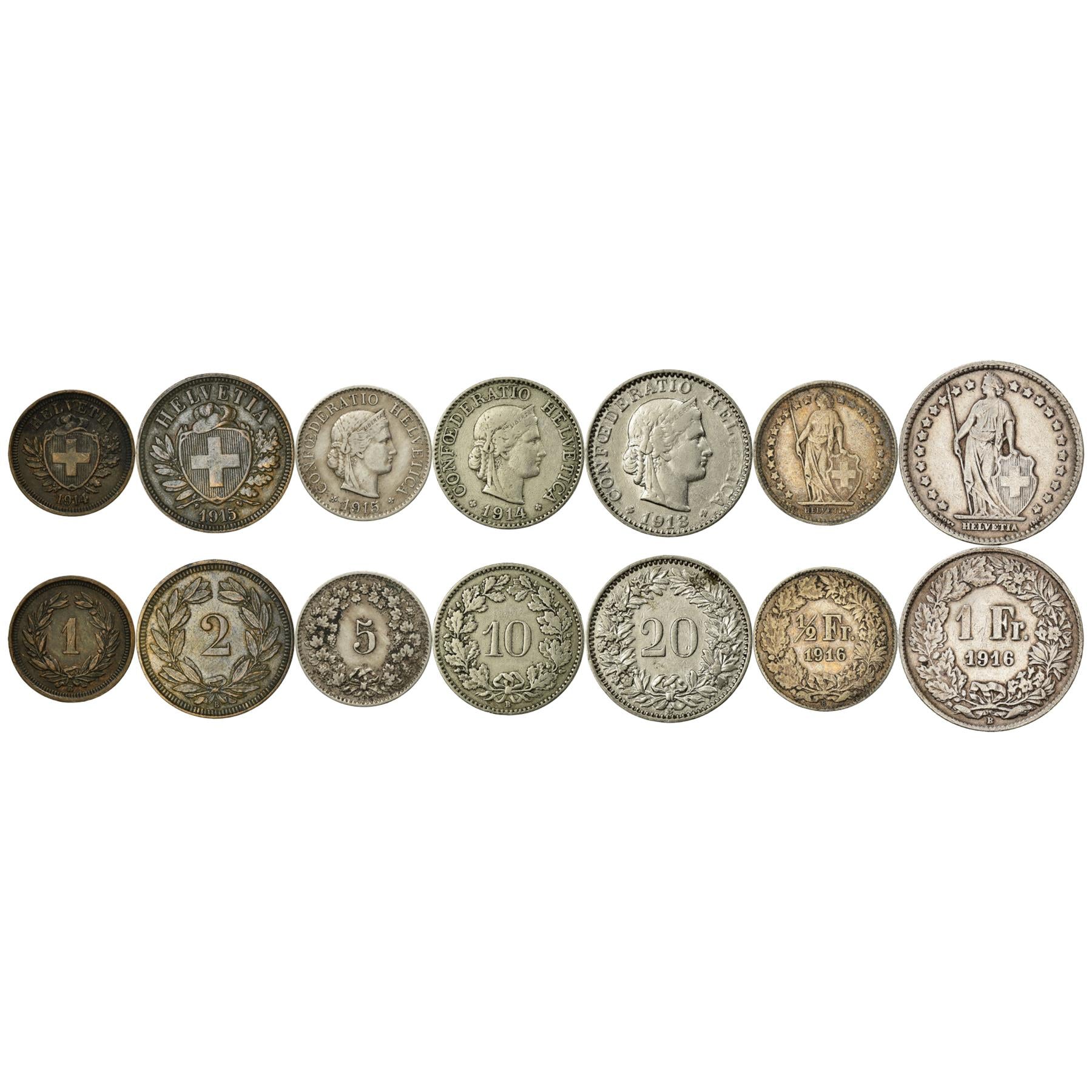 Swiss 7 Coin Set 1 2 5 10 20 Rappen 1/2 1 Franc | Libertas | Helvetia | Switzerland | 1874 - 1916