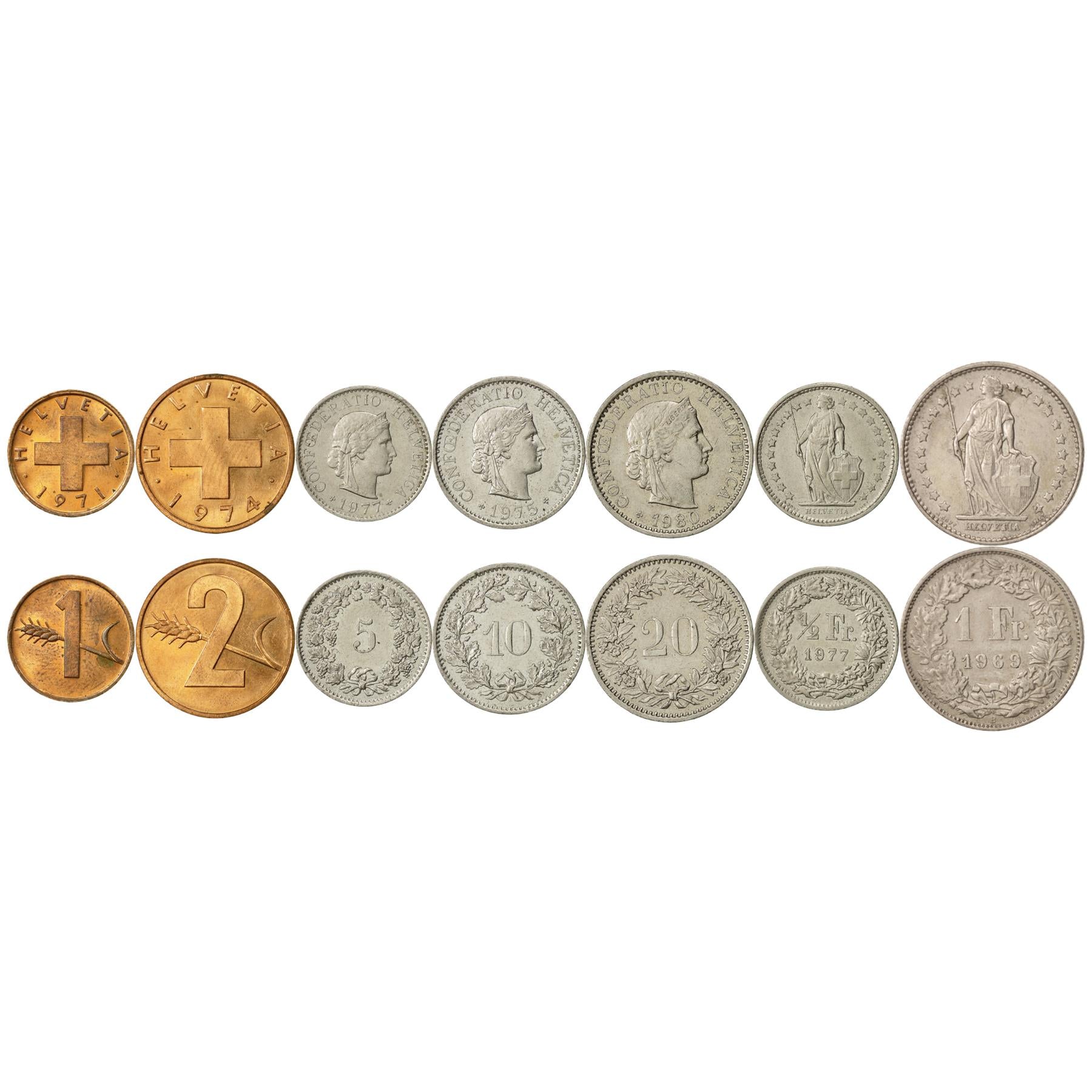 Swiss 7 Coin Set 1 2 5 10 20 Rappen 1/2 1 Franc | Wheat | Libertas | Helvetia | Switzerland | 1968 - 1980