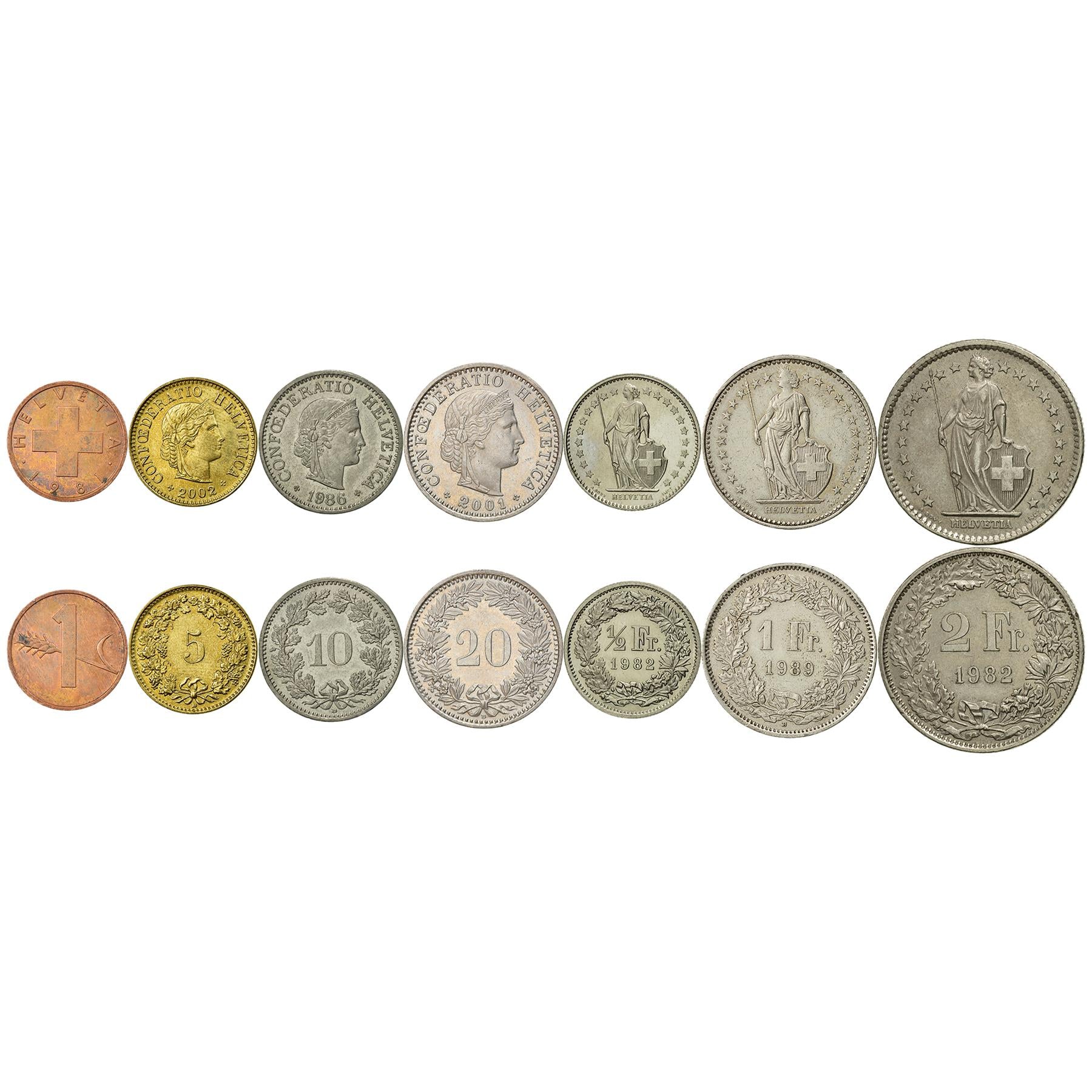 Swiss 7 Coin Set 1 5 10 20 Rappen 1/2 1 2 Francs | Wheat | Libertas | Helvetia | Switzerland | 1981 - 2023