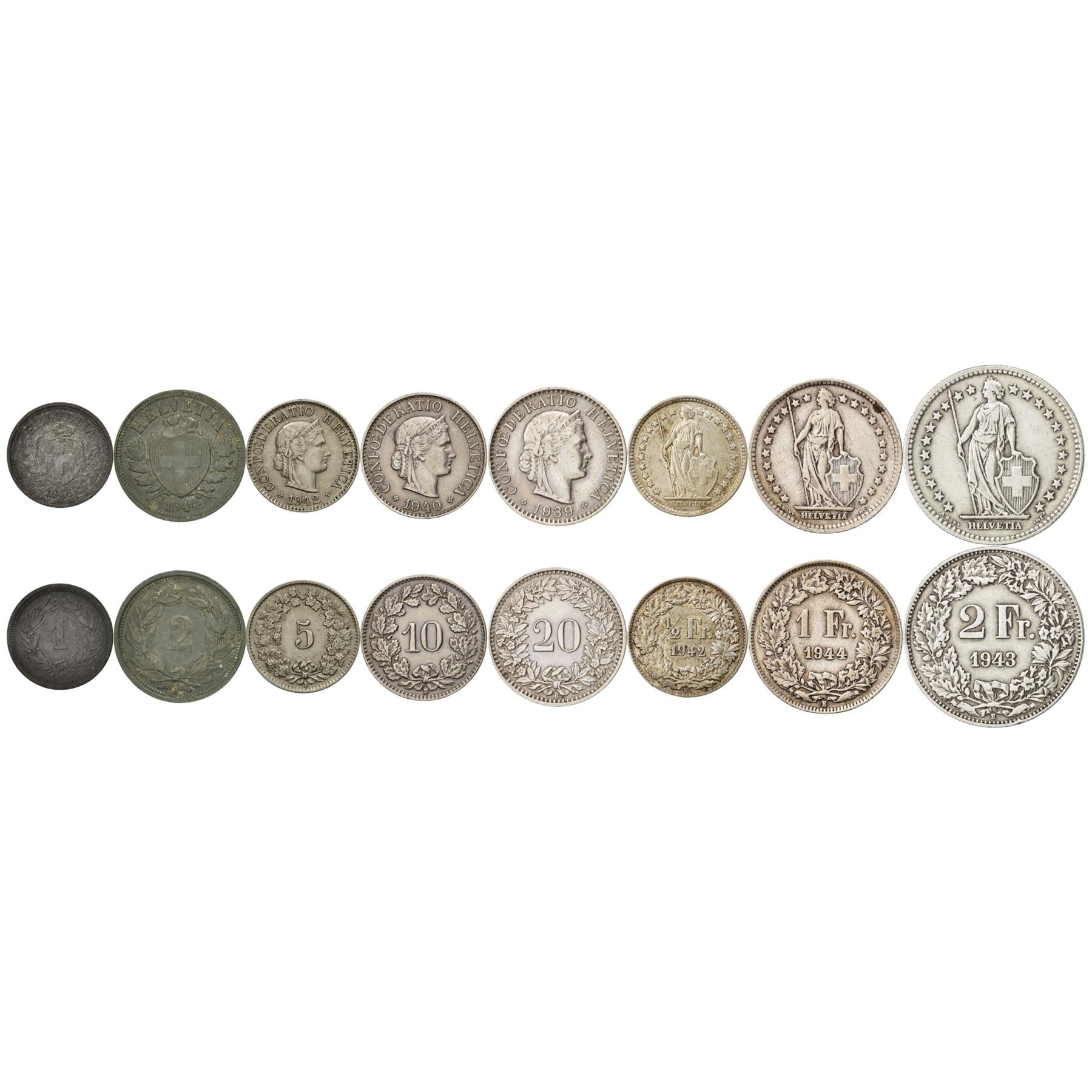 Swiss 8 Coin Set 1 2 5 10 20 Rappen 1/2 1 2 Francs | Libertas | Helvetia | Switzerland | 1939 - 1947