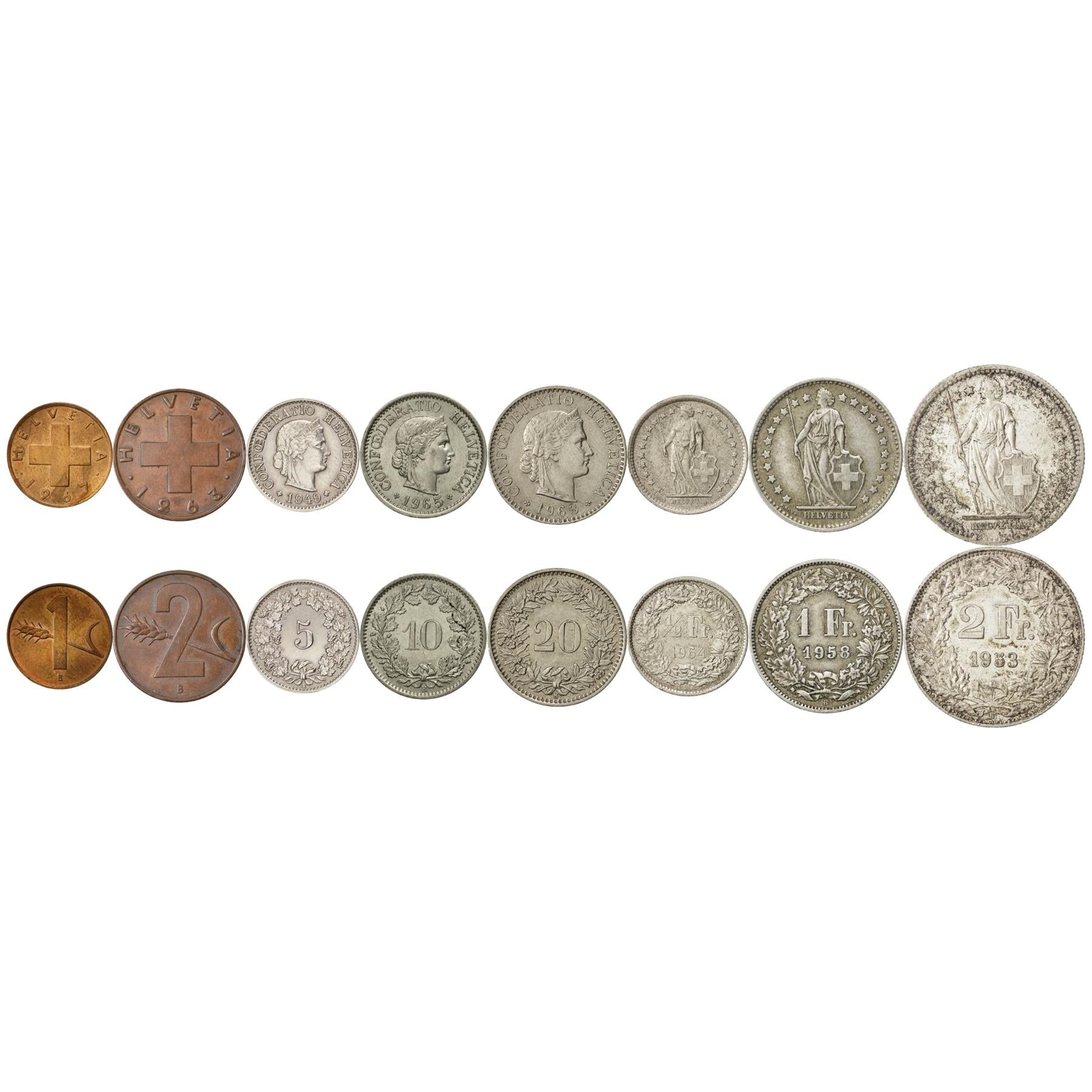 Swiss 8 Coin Set 1 2 5 10 20 Rappen 1/2 1 2 Francs | Wheat | Libertas | Helvetia | Switzerland | 1948 - 1967