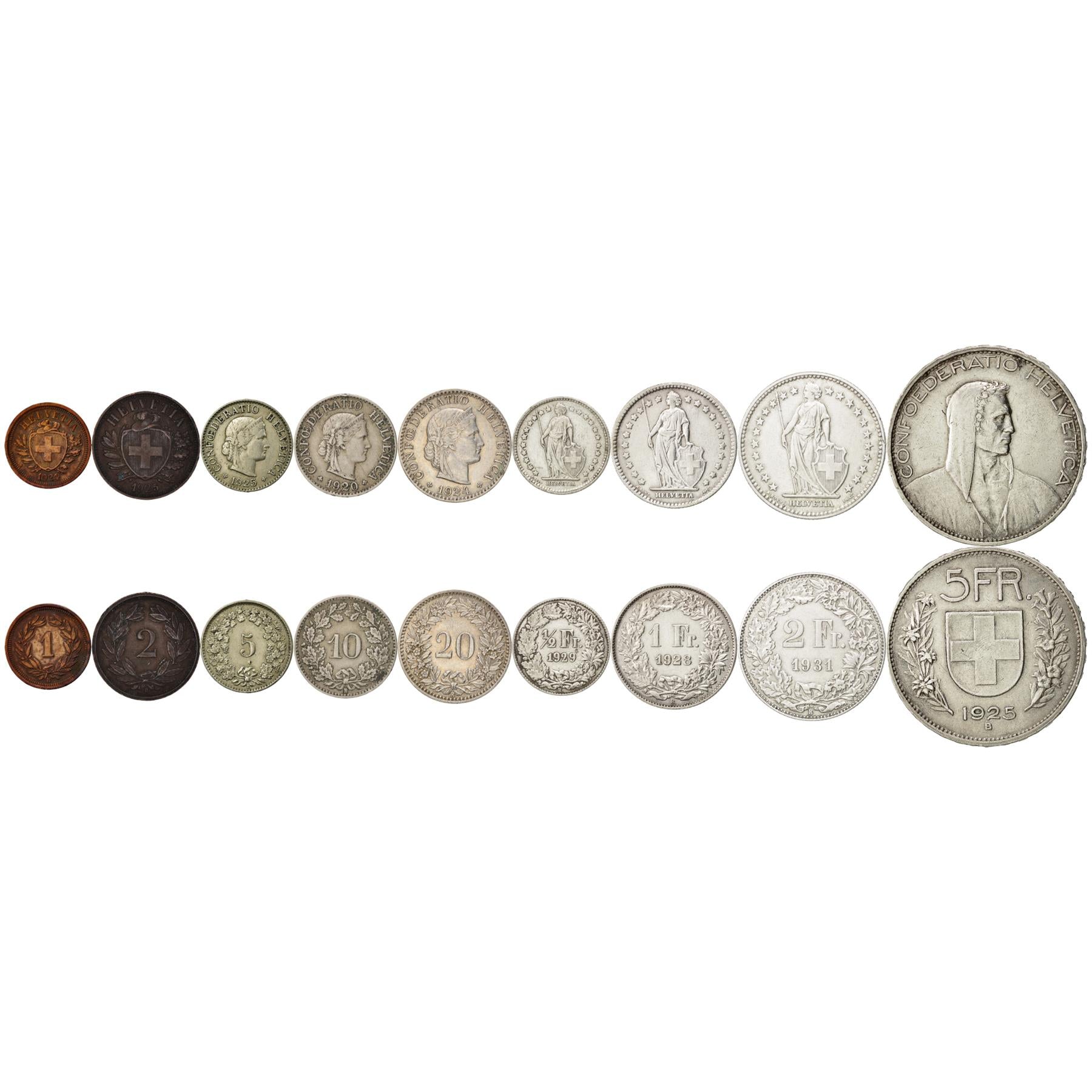 Swiss 9 Coin Set 1 2 5 10 20 Rappen 1/2 1 2 5 Francs | Burkhard | Libertas | Helvetia | Switzerland | 1919 - 1931