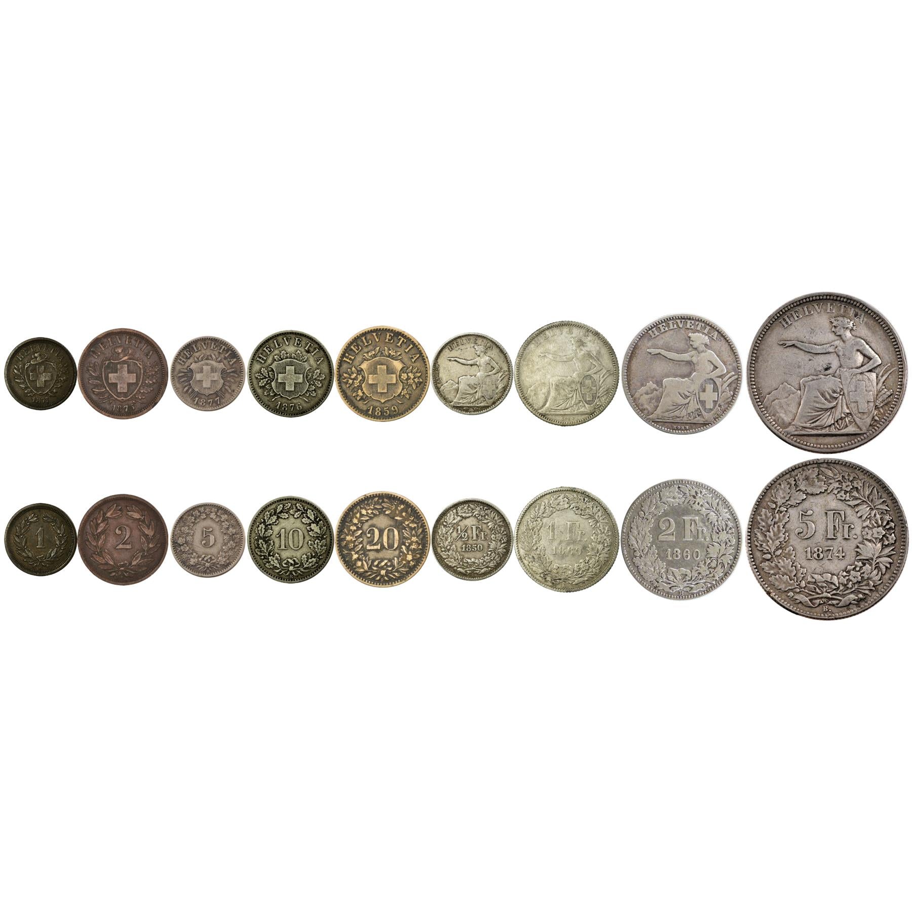 Swiss 9 Coin Set 1 2 5 10 20 Rappen 1/2 1 2 5 Francs | Libertas | Helvetia | Switzerland | 1850 - 1878