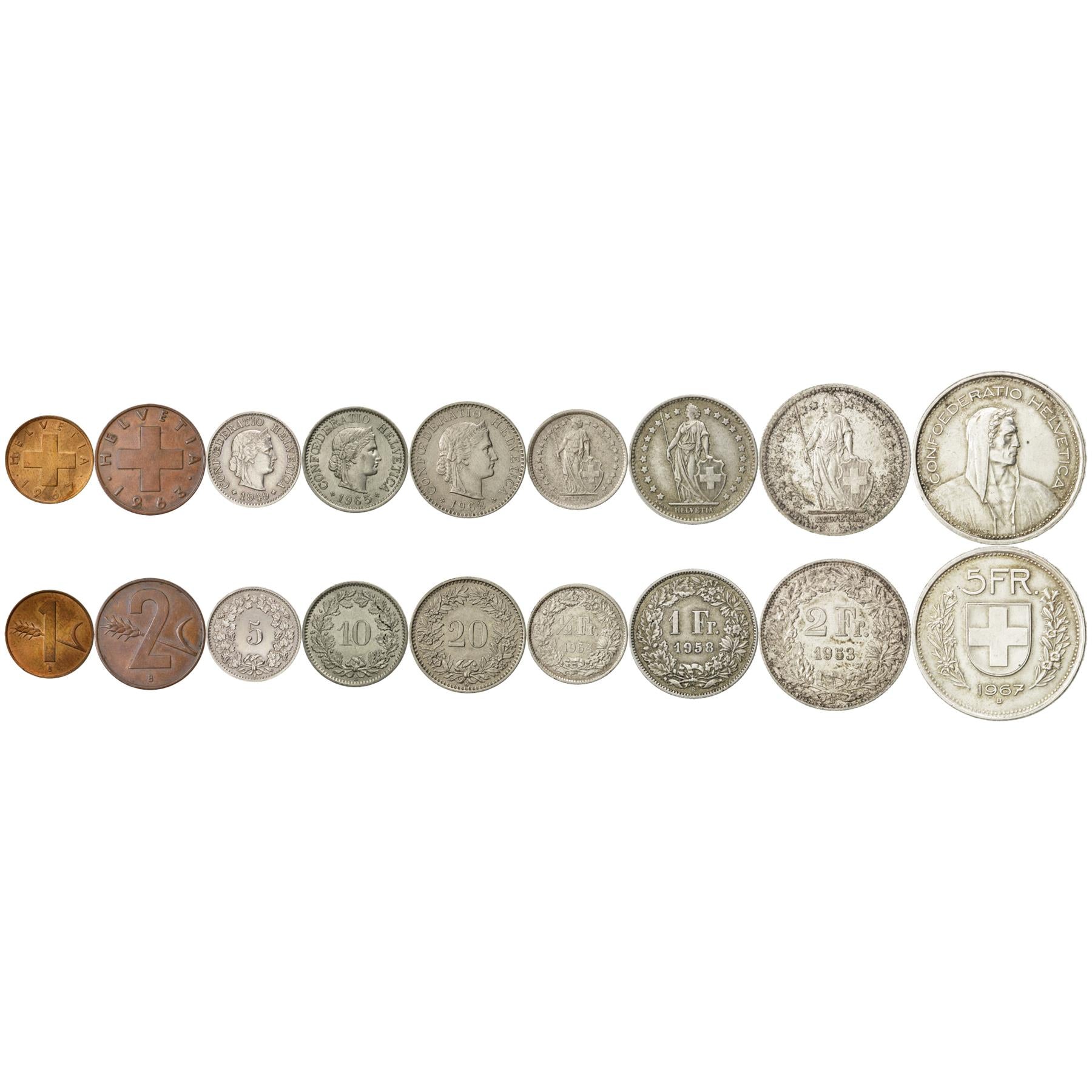 Swiss 9 Coin Set 1 2 5 10 20 Rappen 1/2 1 2 5 Francs | Paul Burkhard | Wheat | Libertas | Helvetia | Switzerland | 1948 - 1967