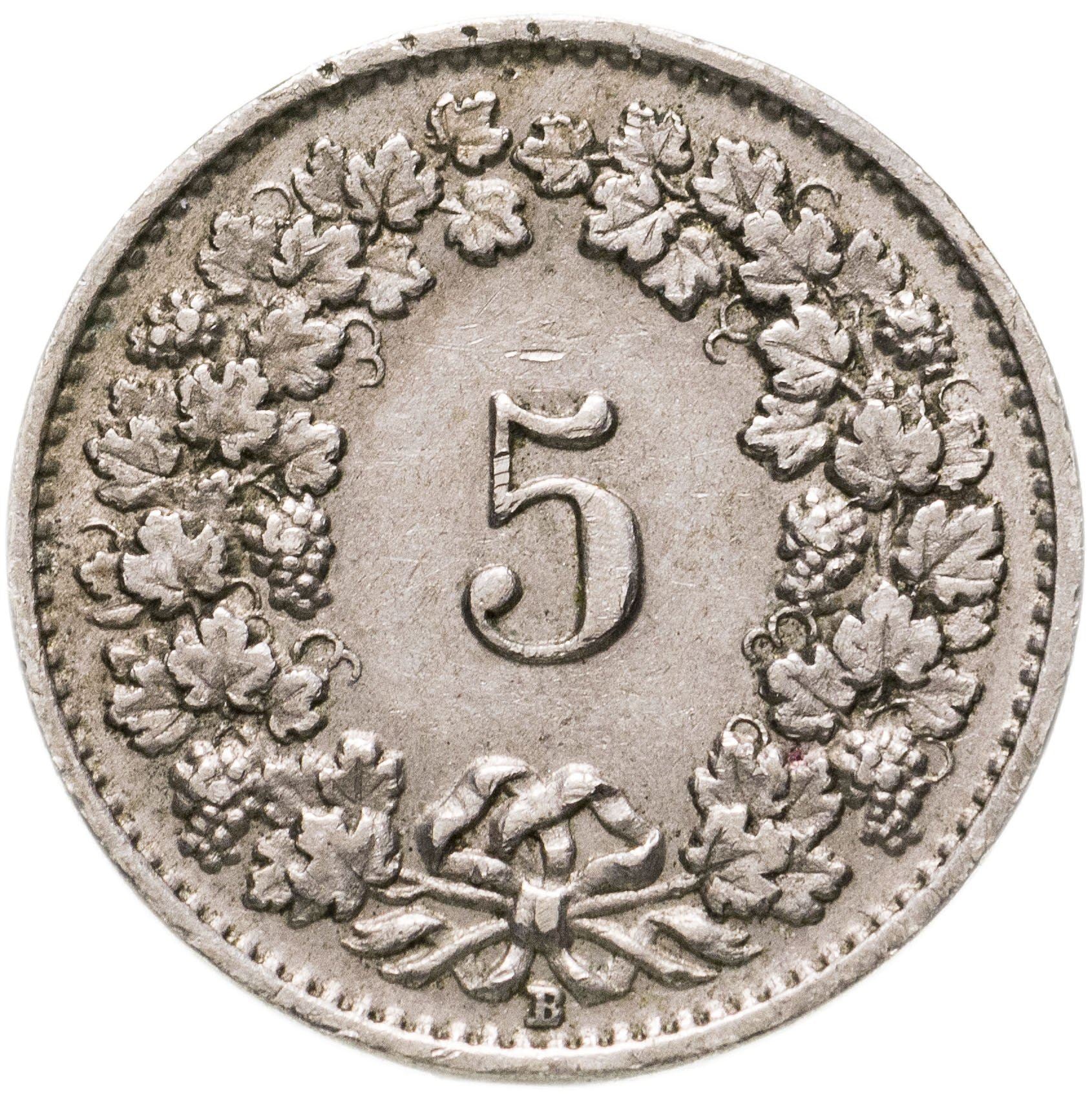 Switzerland Coin Swiss 5 Rappen | Goddess of Liberty Libertas | KM26 | 1879 - 1980