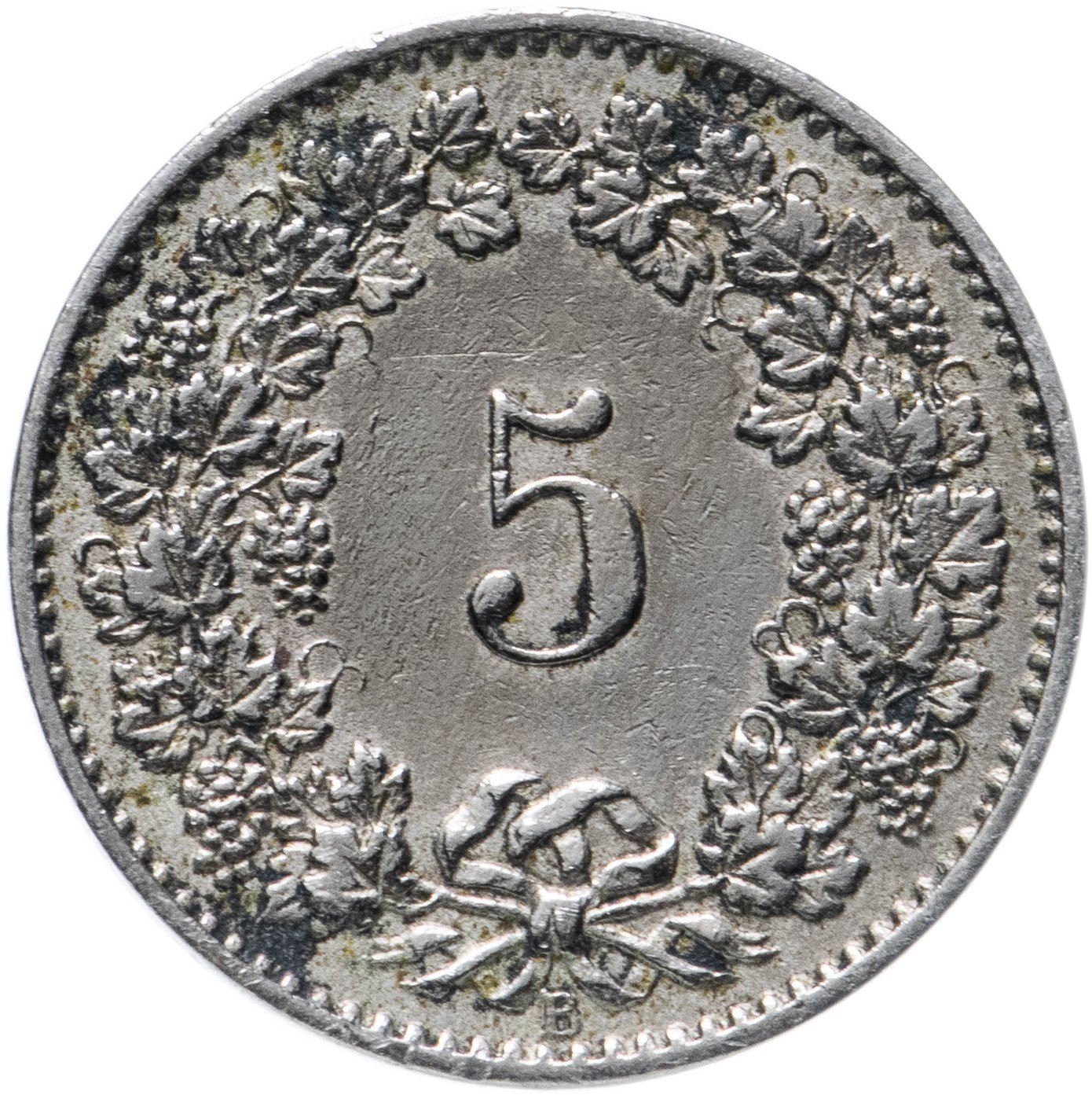 Switzerland Coin Swiss 5 Rappen | Goddess of Liberty Libertas | KM26 | 1879 - 1980