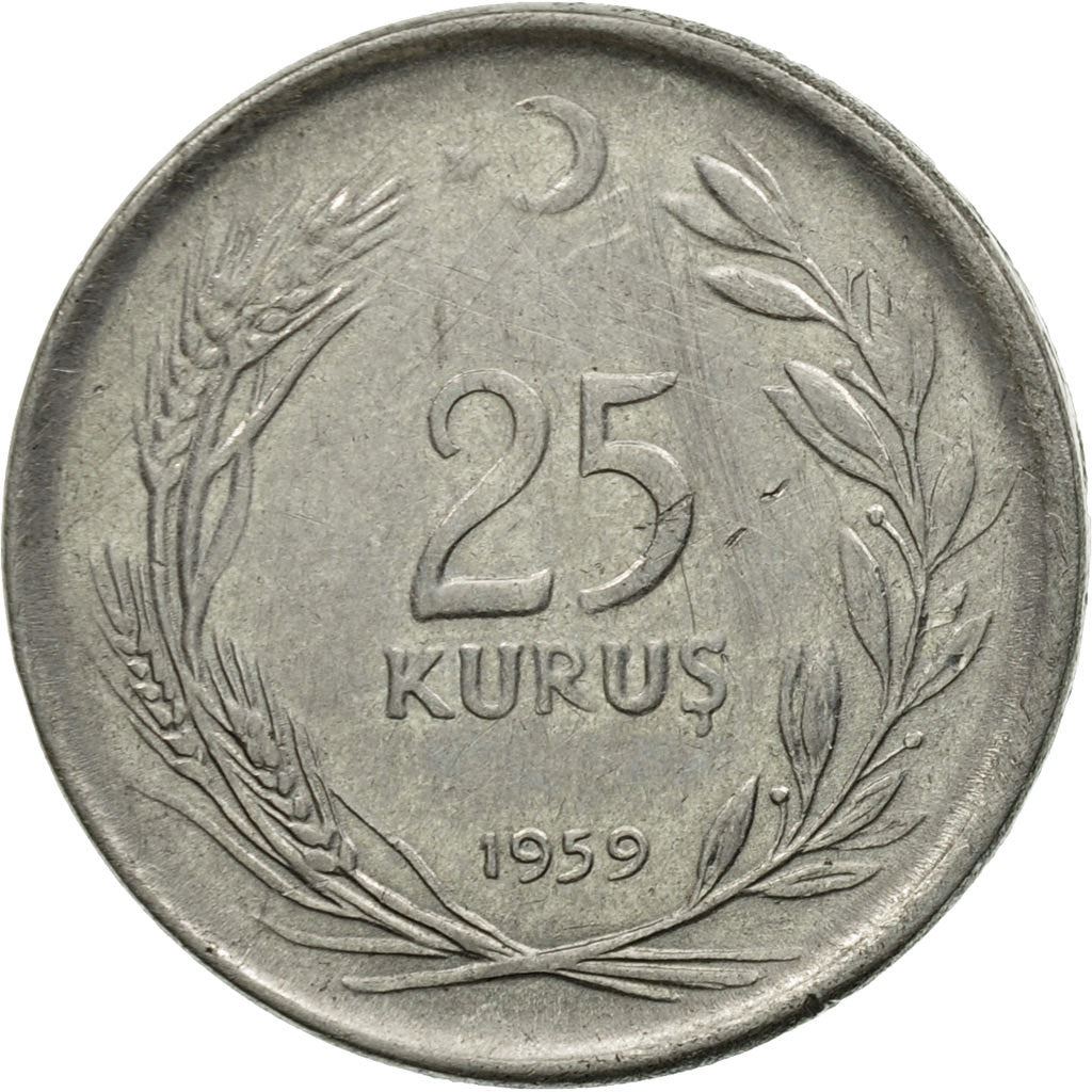 Turkey | 25 Kuruş Coin | KM892.3| 1959