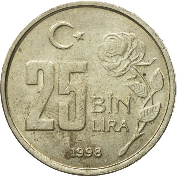 Turkey | 25.000 Lira Coin | Rose | Mustafa Kemal Atatürk | Km:1041 | 1995 - 2000