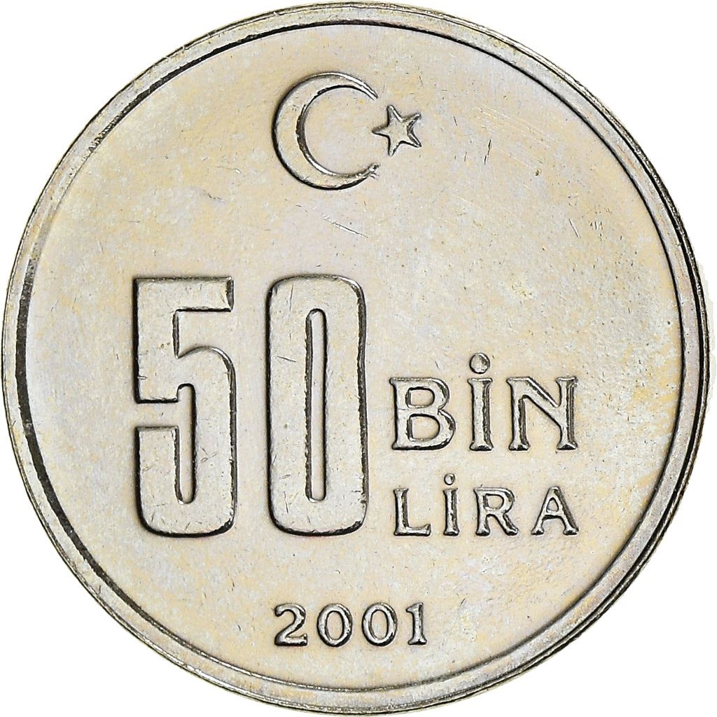 Turkey Coin Turkish 50 000 Lira | President Mustafa Kemal Ataturk | Moon Star | KM1105 | 2001 - 2004