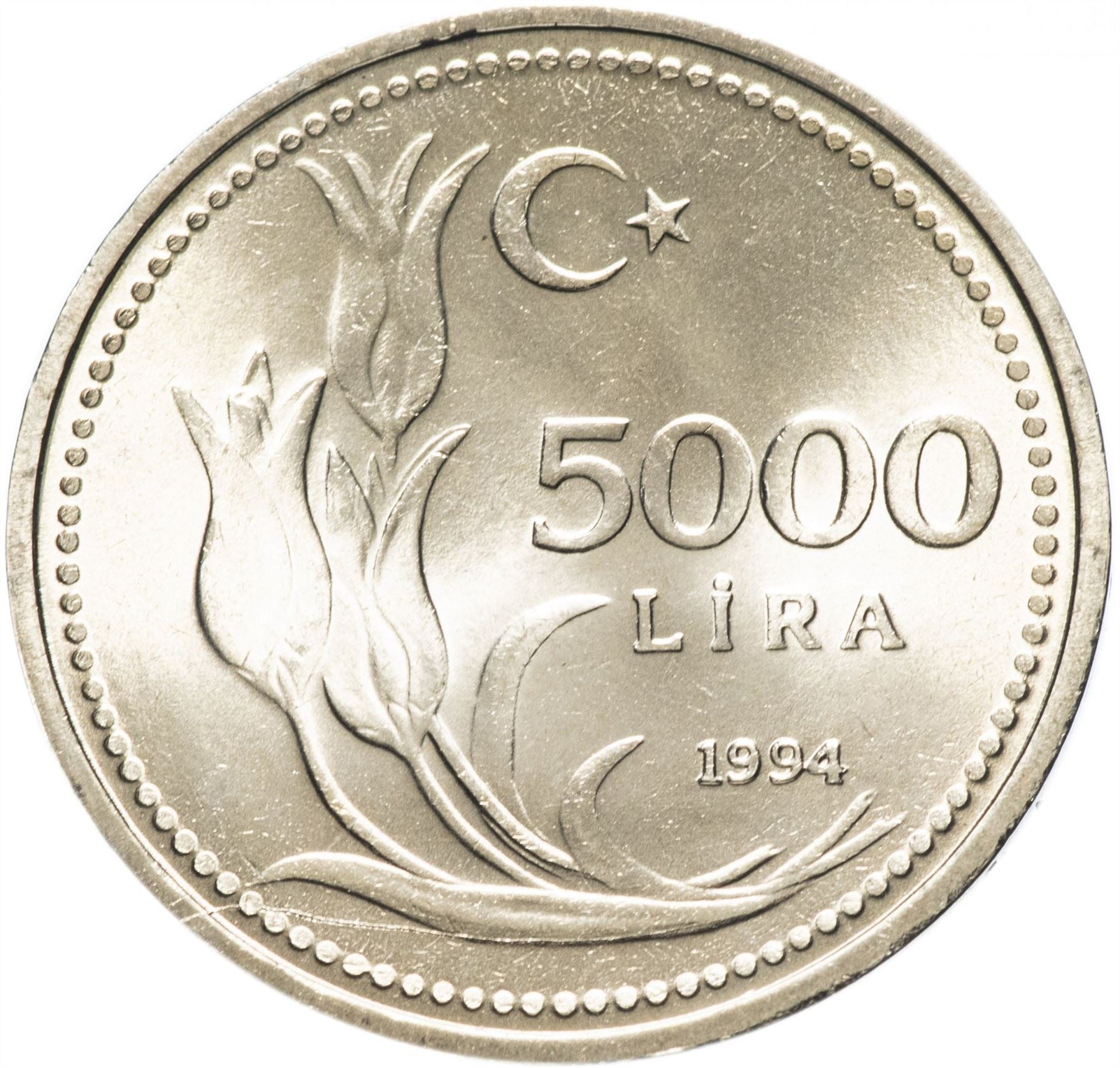 Turkey Coin Turkish 5000 Lira | President Mustafa Kemal Ataturk | Tulip | KM1025 | 1992 - 1994