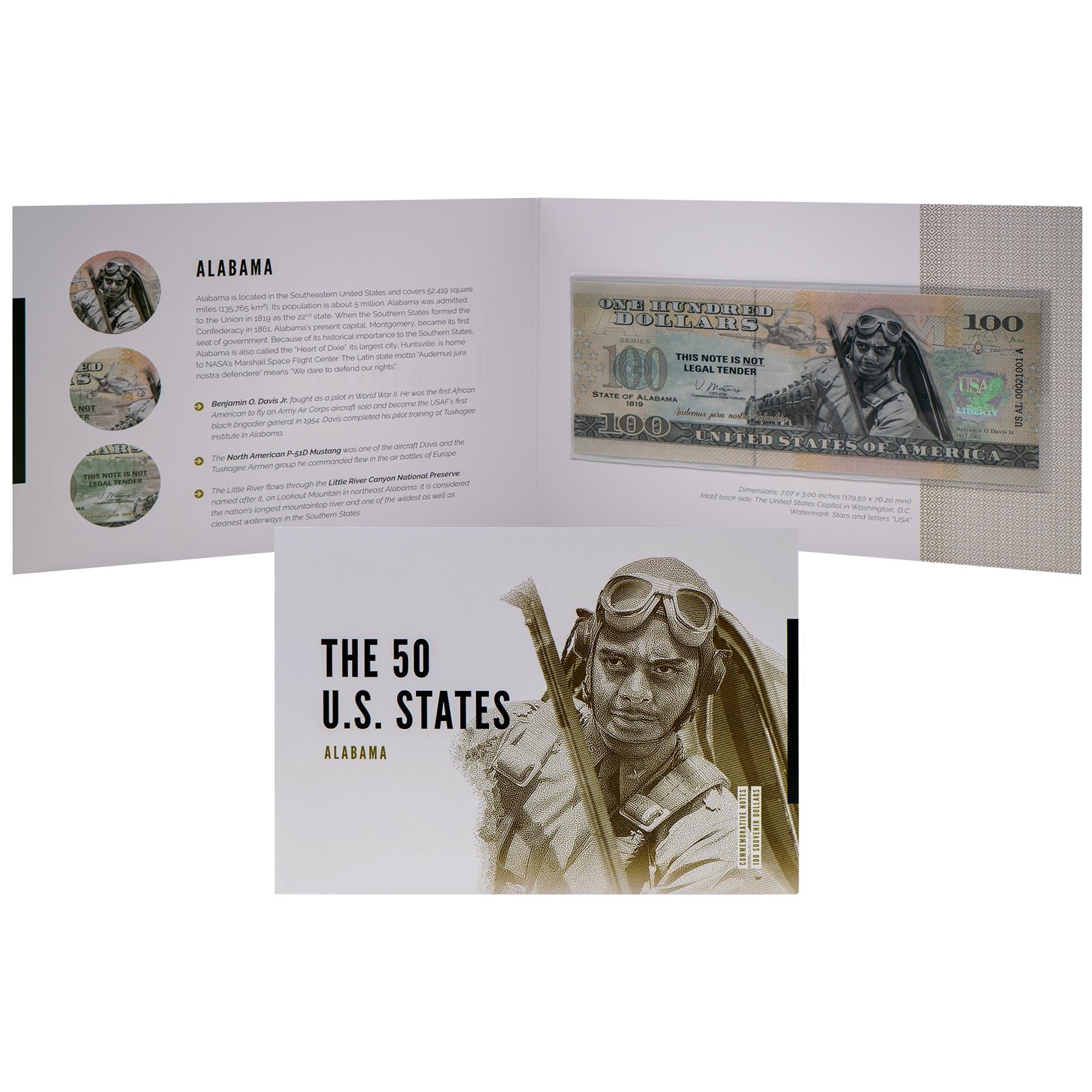 USA 100 Dollar Note | Alabama Commemorative Souvenir | Benjamin O. Davis Jr. Portrait | P-51D Mustang Drawing | The 50 U.S. States Edition