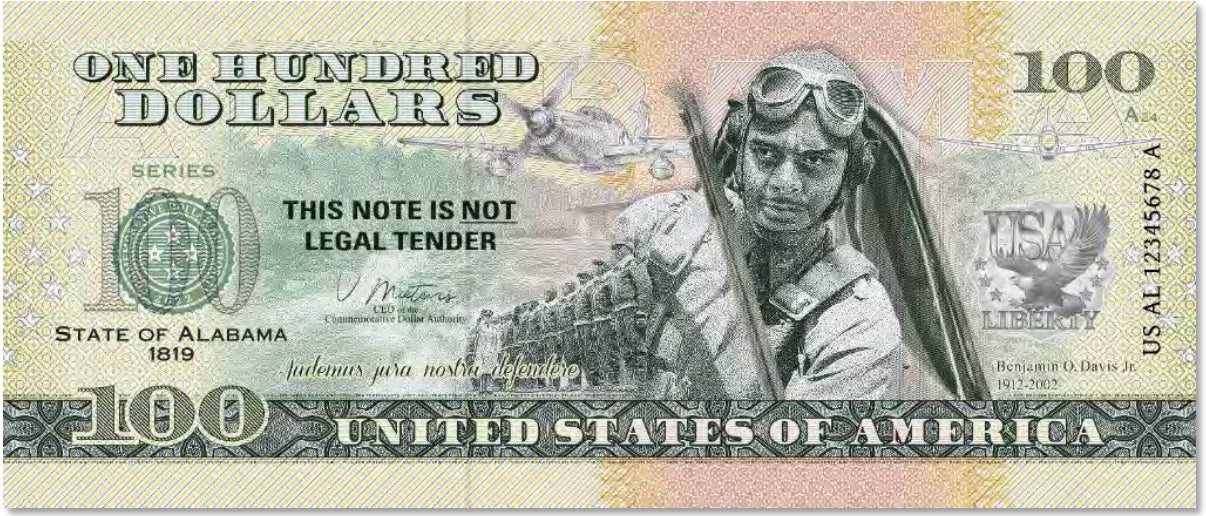 USA 100 Dollar Note | Alabama Commemorative Souvenir | Benjamin O. Davis Jr. Portrait | P-51D Mustang Drawing | The 50 U.S. States Edition