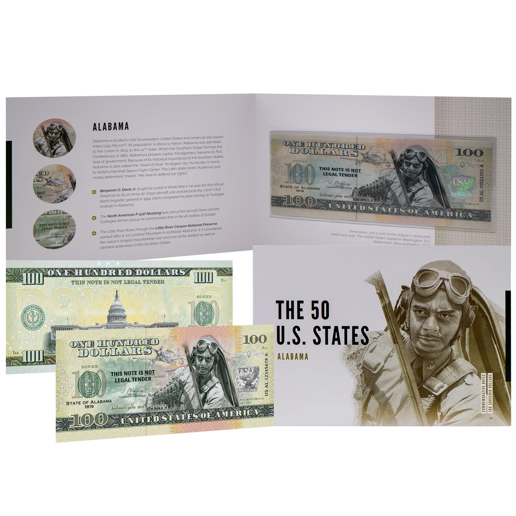 USA 100 Dollar Note | Alabama Commemorative Souvenir | Benjamin O. Davis Jr. Portrait | P-51D Mustang Drawing | The 50 U.S. States Edition