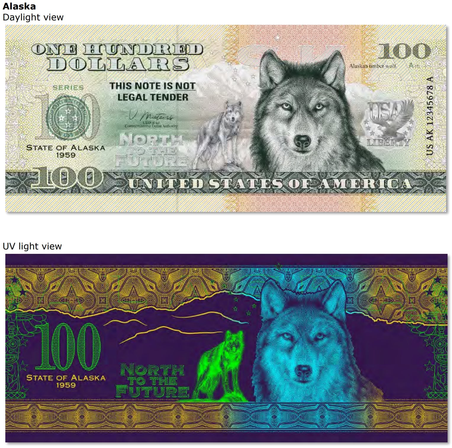 USA 100 Dollar Note | Alaska Commemorative Souvenir | Alaskan Timber Wolf | Denali | Totem Pole | The 50 U.S. States Edition