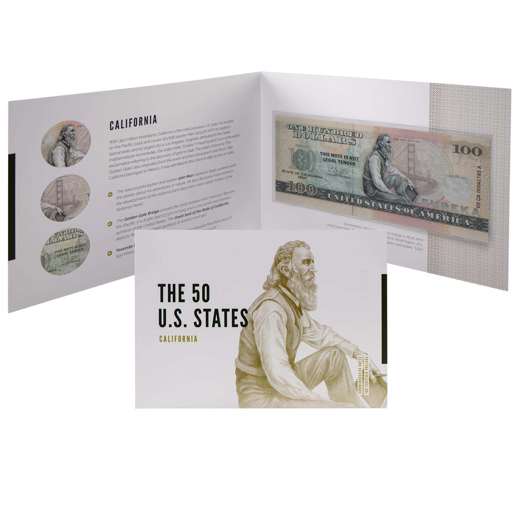 USA 100 Dollar Note | California Commemorative Souvenir | John Muir | Golden Gate Bridge | Yosemite National Park | The 50 U.S. States Edition