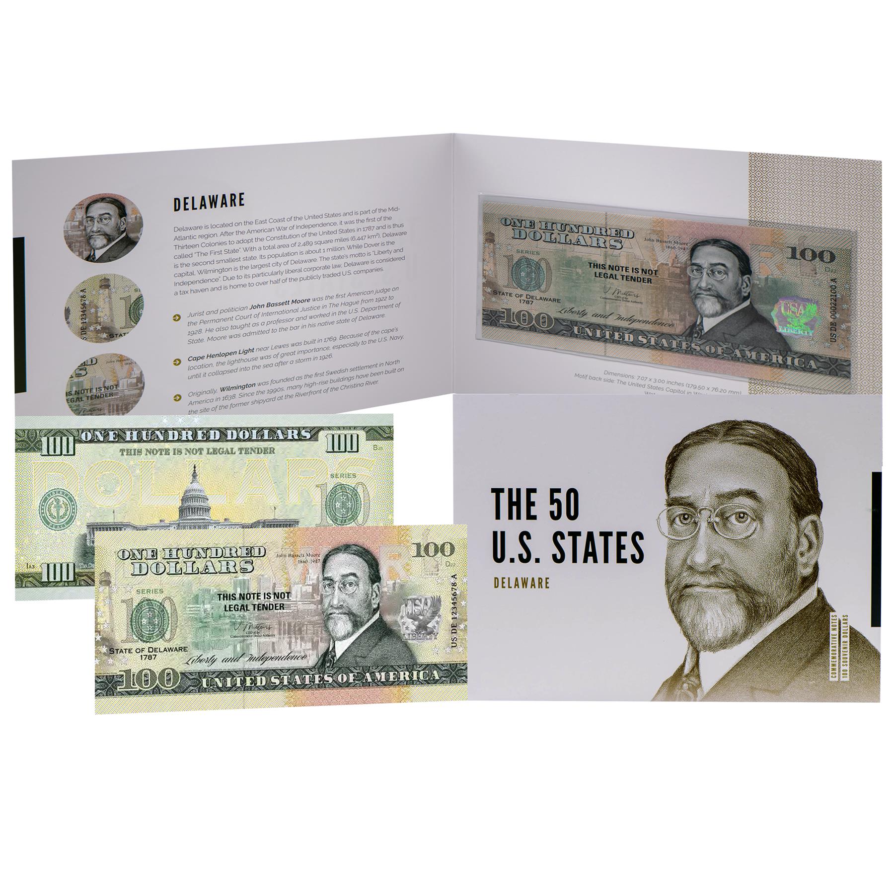 USA 100 Dollar Note | Delaware Commemorative Souvenir | John Bassett Moore Portrait | Wilmington Skyline | The 50 U.S. States Edition